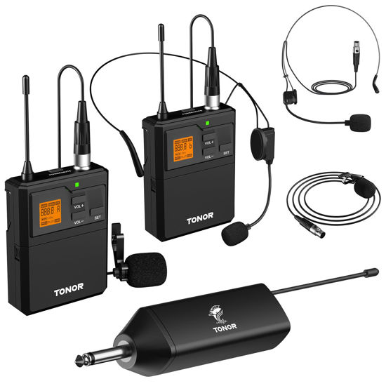 Picture of TONOR UHF Wireless Microphone System with Dual Headset Microphones/Lavalier Lapel Mics, Bodypack Transmitters, Mini Rechargeable Receiver, 2x15 Channels 200ft Range, for Recording Speech PA Speaker
