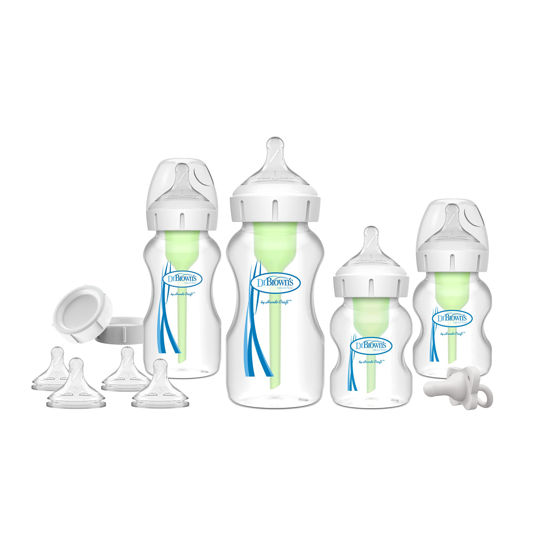 Picture of Dr. Brown's Natural Flow® Anti-Colic Options+™ Wide-Neck Bottle Essentials Gift Set with Breast-Like Nipple,100% Silicone HappyPaci™ Pacifier and Baby Bottle Travel Caps