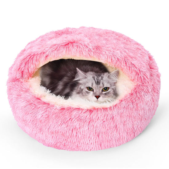 Picture of Calming Dog Beds & Cat Cave Bed with Hooded Cover,Removable Washable Round Beds for Small Medium Pets,Anti-Slip Faux Fur Fluffy Coved Bed for Improved Sleep,Fits up to 15/25 lbs(Pink,M)