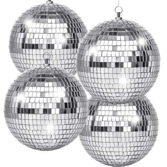 Picture of 4 Pack Large Disco Ball Silver Hanging Disco Balls Reflective Mirror Ball Ornament for Party Holiday Wedding Dance and Music Festivals Decor Club Stage Props DJ Decoration (6 Inch)