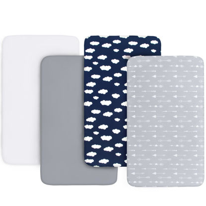 Picture of 4-Pack Fitted Mini Crib Sheets for Boys and Girls - Breathable, Soft Microfiber Baby Sheets in Grey, Navy and White