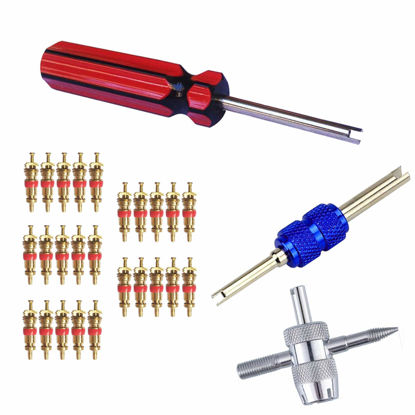 Picture of Febrytold 3 Pcs Tire Valve Core Remover Tools with 25 Pcs Brass Valve Stem Cores, 4-Way Valve Stem Core Tool, Dual & Single Head Tire Valve Core Remover Installer Tools