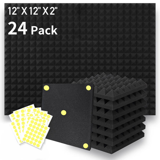 Picture of Focusound 24 Packs Acoustic Foam Panels Pyramid 2" X 12" X 12", Soundproofing Foam Noise Cancelling Foam with 120 PCS Double-Side adhesive