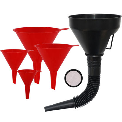 Picture of Plastic Oil Funnels for Automotive Use Set of 5, Large Flexible Fuel Funnel with Hose for Gas Transfer, Gasoline Funnels for Cars and Boat