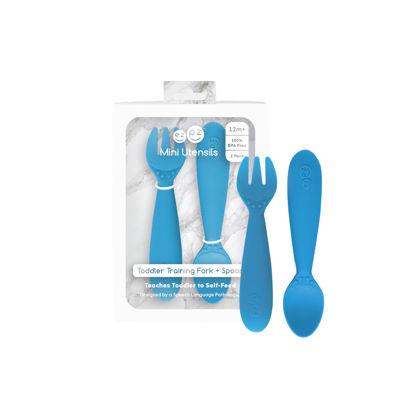 Picture of ezpz Mini Utensils - 12 Months+ (Fork & Spoon in Blue) - 100% BPA Free Fork and Spoon - Toddler Utensils - Designed by a Pediatric Feeding Specialist