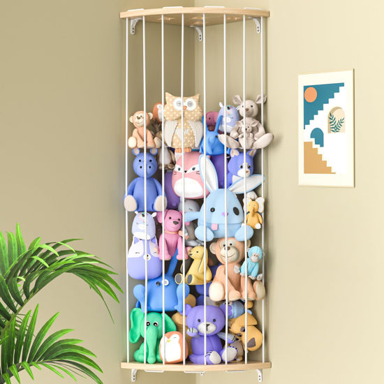 Picture of Jtksfcl Stuffed Animal Storage Wood Corner Plush Toys Holder with Star Pattern, Length Adjustable Hanging Stuffed Animal Toy Organizer Shelf for Nursery Play Room Bedroom Kid Room