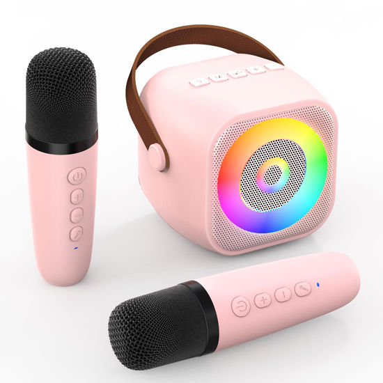 Picture of RIKGYHA Mini Karaoke Machine, Portable Bluetooth Karaoke Speaker with 2 Wireless Microphone and Lights for Kids and Adults, Chritmas Birthday Gifts for Girls Boys 3-12+ Year Old (Pink)