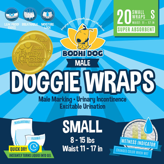 Picture of Bodhi Dog Disposable Male Dog Diapers - Super Absorbent, Leak-Proof Pee Wraps - Adjustable Fit, Comfortable Design, Advanced Moisture Control, and Wetness Indicator - Small (20 Count)