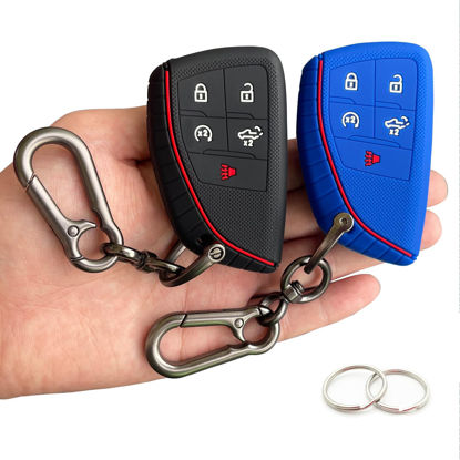 Picture of TANDRIVE Key Fob Cover for 2022 2023 2024 Chevy Silverado 1500 GMC Sierra 1500, 2024 Silverado Sierra 2500HD 3500HD, Silicone, 2-Pack, Black Blue