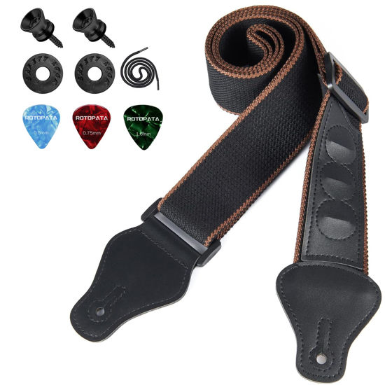 Picture of ROTOPATA Guitar Strap, Electric Guitar Strap with Pick Holders, PU Leather Ends Acoustic Guitar Strap with 2 Buttons 2 Locks 3 Guitar Picks