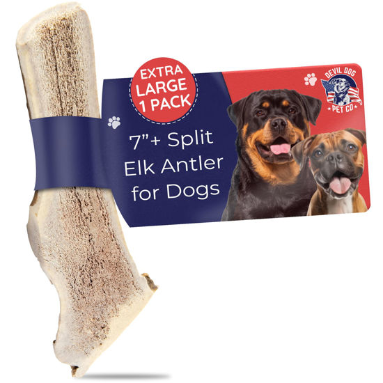 Picture of Devil Dog Pet Co. Split Elk Antlers for Dogs, 1 Pack, Extra Large 7”+, Grade A Long Lasting Dog Bones for Aggressive Chewers, Premium USA Naturally Shed Antler Dog Chew - No Odor, Dog Antler Chews