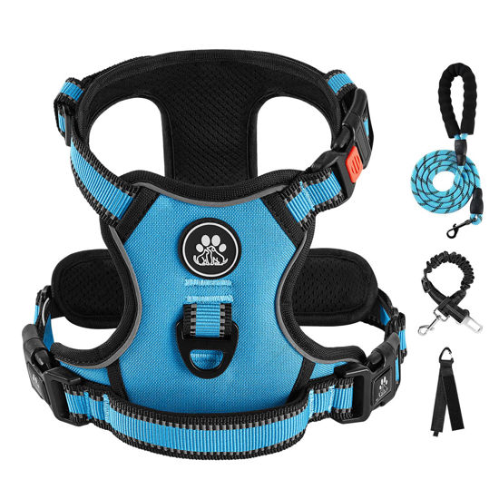 Picture of IVY&LANE No Pull Dog Harness for Medium Dogs, Dog Vest Harness with Leash, Safety Belt and Storage Strap, Fully Adjustable Harness, 360° Reflective Strip, Soft Handle (Blue, M)