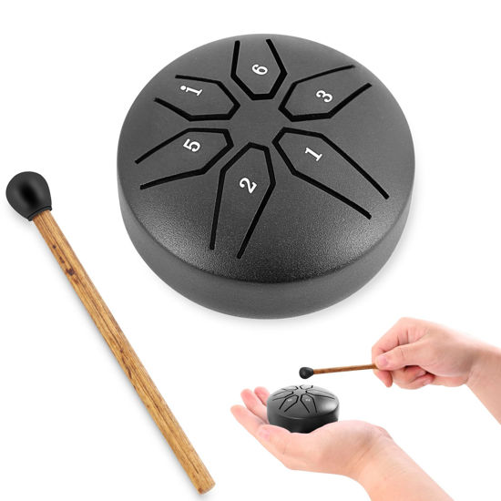 Picture of EASTROCK Mini Steel Tongue Drum for Kids 3 Inch 6 Notes Steel Drum Handpan Drum C Key with Mallets,Music Book (Black)