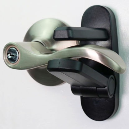Picture of Door Lever Lock (3 Pack) Prevents Toddlers from Opening Doors. 3.25" L * 1.5" W * 4.5" H Easy One Hand Operation for Adults. Durable ABS with 3M Adhesive Backing. Simple Install (Black)