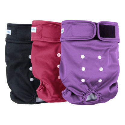 Picture of Leekalos Reusable Washable Dog Diapers Female (3 Pack) - Highly Absorbent Doggie Diapers - Size Adjustable Puppy Diapers for Dog Period Panties (Medium,Red,Purple,Black)
