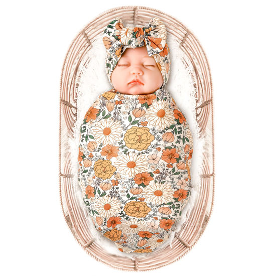 Picture of Konssy Baby Girl Newborn Receiving Blanket with Headband Set Baby Swaddle Nursery Swaddle Wrap