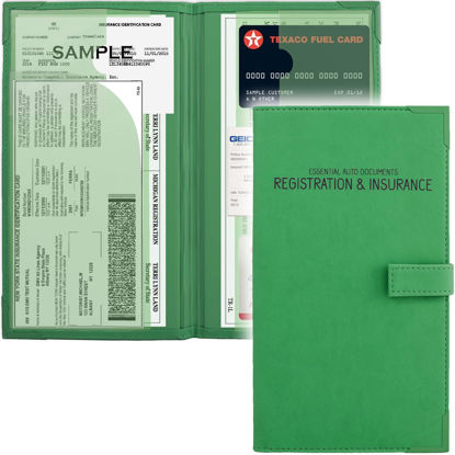 Picture of Auto Insurance and Registration Card Holder - Vehicle Glove Box Document Organizer - Car Essential Paperwork Holder for DMV, AAA, Contact Information Cards - Premium PU Leather Wallet Case - Green