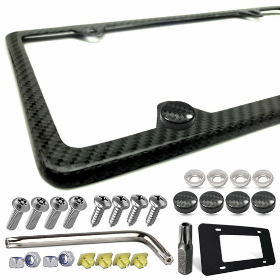 Picture of ZXFOOG Carbon Fiber License Plate Frame- 1 Pack100% Handcrafted Real Carbon Fiber Cloth Wrapped Holder, Slim Black Stainless Steel Car Tag Cover with Screws Caps, Rattle Proof Pad, 4 Hole