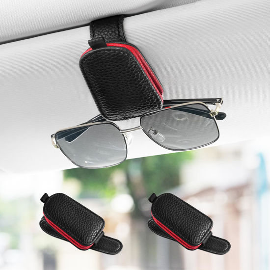 Picture of SINGARO Sunglasses Holder for Car, Leather Magnetic Buckle Sun Visor Sunglass Clip, Ticket Card Storage Glasses Clip, Car Interior Accessories for Men and Women（2PCS Black-red）
