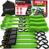 Picture of FORTEM Ratchet Straps, 2300lb Break Strength, 4 15ft Tie Down Strap Set, 4 Soft Loops, Motorcycle Straps Tie Downs, Cargo Straps for Trucks, Rubber Handles,S-Clips, Coated Metal Hooks, (Green)