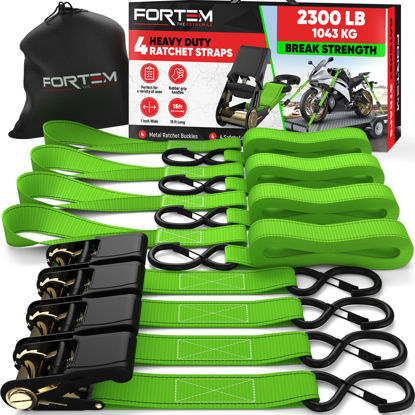 Picture of FORTEM Ratchet Straps, 2300lb Break Strength, 4 15ft Tie Down Strap Set, 4 Soft Loops, Motorcycle Straps Tie Downs, Cargo Straps for Trucks, Rubber Handles,S-Clips, Coated Metal Hooks, (Green)