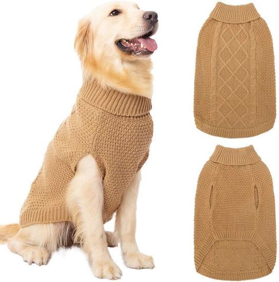Picture of Mihachi Turtleneck Dog Sweater - Winter Coat Apparel Classic Cable Knit Clothes with Leash Hole for Cold Weather, Ideal Gift for Pet in New Year Khaki X-Large