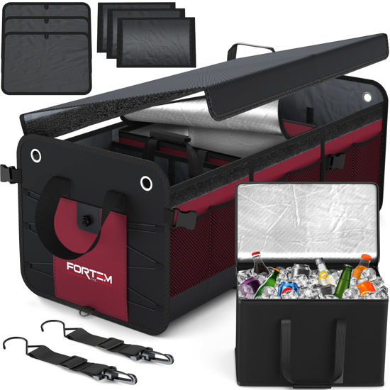 Picture of FORTEM SUV Trunk Organizer with Cooler, Car Organizer, Collapsible Multi-Compartment Storage Bag for Car Accessories for Women, Non Slip Bottom, Adjustable Straps, Soft Cover 90L (Extra Large, Red)