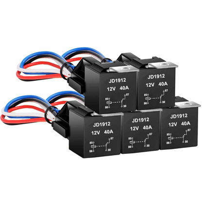 Picture of Gebildet JD1912 Car Relay 12V 40A 4 Pin SPST 12AWG Harness Sockets with Color-Labeled Wires for Automotive Truck Van Motorcycle Boat (Pack of 5)