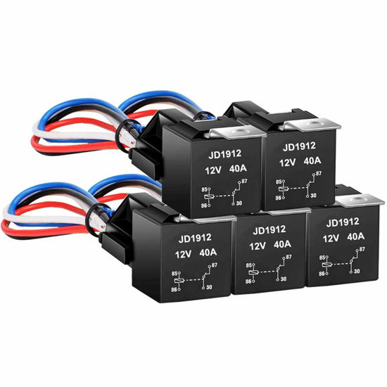 Picture of Gebildet JD1912 Car Relay 12V 40A 4 Pin SPST 12AWG Harness Sockets with Color-Labeled Wires for Automotive Truck Van Motorcycle Boat (Pack of 5)