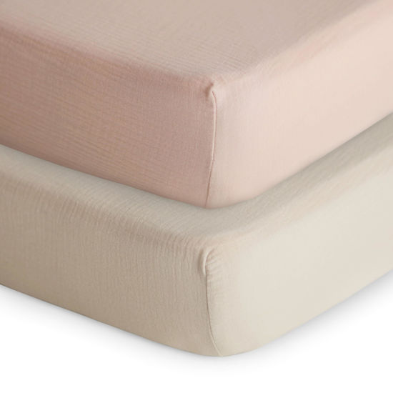 Picture of mushie Extra Soft Muslin Fitted Crib Sheet 2-Pack | 192 Thread Count | 28"x 52" (Blush/Fog)