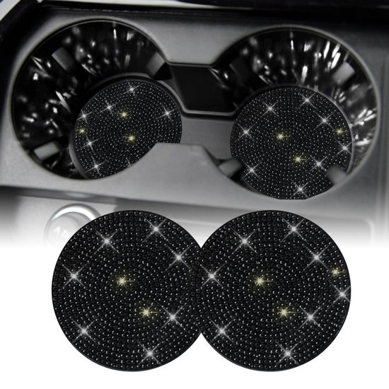 Picture of SINGARO Bling Cup Holder Coasters for Car, 2PCS Universal Non-Slip Cup Holder, Embedded Decorative Coasters, Shiny Crystal Car Interior Accessories Gifts for Women (Black)