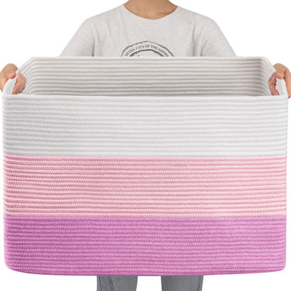 Picture of OIAHOMY 108L Super Large Blanket Basket, 25”x16”x16”(108L) Rectangle Woven Baskets for Storage, Cotton Rope Basket For Living Room, Toy Basket with Handle, Basket for Organizing- Gradient Pink