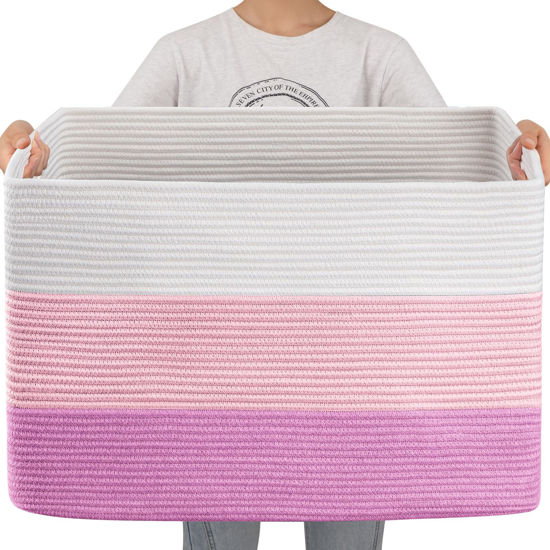 Picture of OIAHOMY 108L Super Large Blanket Basket, 25”x16”x16”(108L) Rectangle Woven Baskets for Storage, Cotton Rope Basket For Living Room, Toy Basket with Handle, Basket for Organizing- Gradient Pink