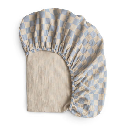 Picture of mushie Extra Soft Muslin Fitted Crib Sheet | 192 Thread Count | 28"x 52" (Blue Check)