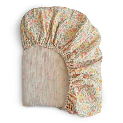Picture of mushie Extra Soft Muslin Fitted Crib Sheet | 192 Thread Count | 28"x 52" (Pastel Blooms)