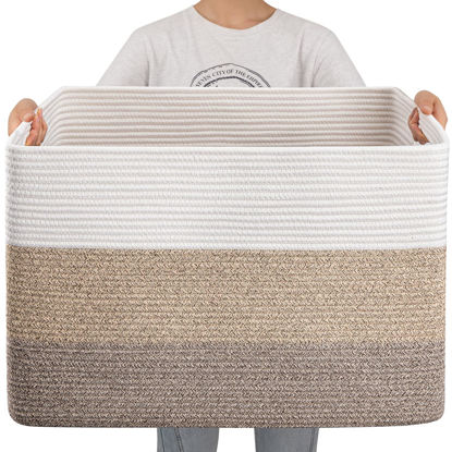 Picture of OIAHOMY 108L Super Large Blanket Basket, 25”x16”x16”(108L) Rectangle Woven Baskets for Storage, Cotton Rope Basket For Living Room, Toy Basket with Handle, Basket for Organizing- Gradient Brown