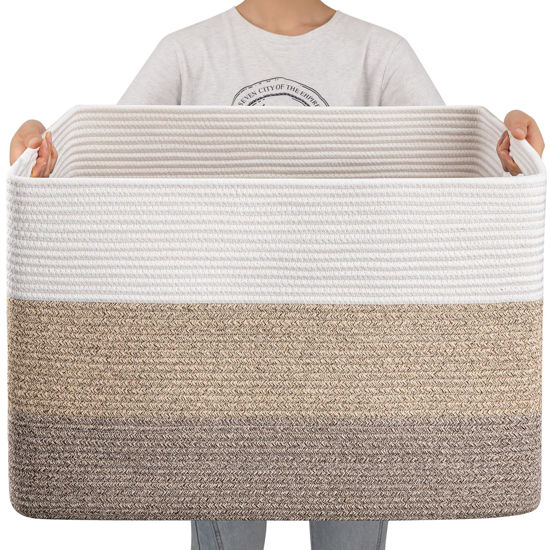 Picture of OIAHOMY 108L Super Large Blanket Basket, 25”x16”x16”(108L) Rectangle Woven Baskets for Storage, Cotton Rope Basket For Living Room, Toy Basket with Handle, Basket for Organizing- Gradient Brown