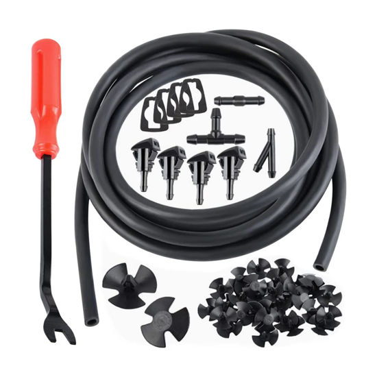 Picture of AUCELI Windshield Washer Hose Kit, 3 Pcs Hose Connectors, 4 Fan Nozzles, 2M Washer Fluid Hose, 4 Rubber Gaskets, Connect Car Water Pump and Nozzles, 42 Pcs Set Suitable for Most Car
