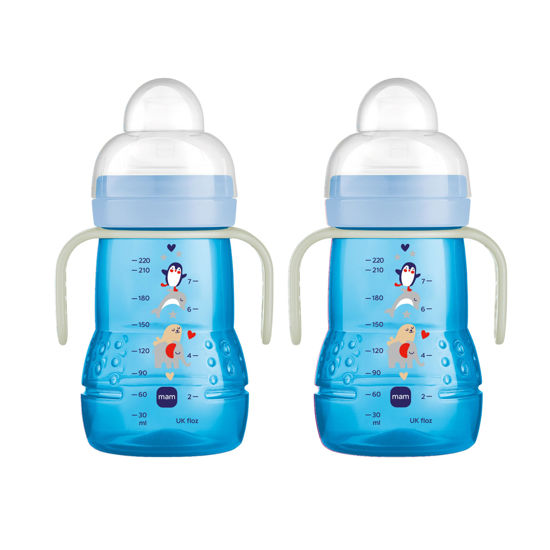 Picture of MAM Plastic Trainer Cup, Trainer Drinking Cup with Extra-Soft Spout, Spill-Free Nipple, and Non-Slip Handles, for Boys 4+ Months, Eight Ounces
