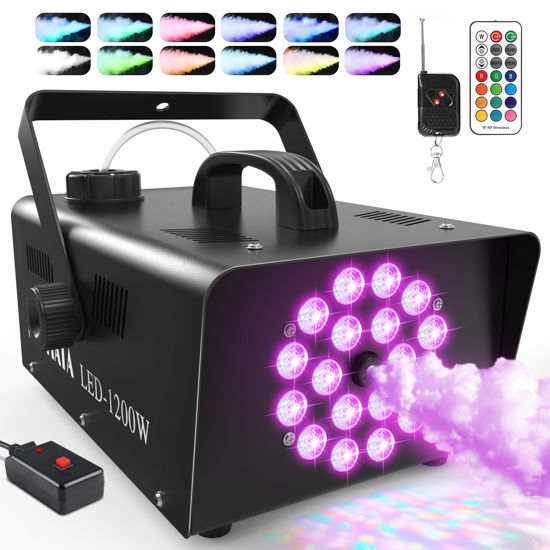 Picture of MOSFiATA Fog Machines, Smoke Machine with 18 RGB LED Lights Effect, 1200W and 6000CFM Fog with 1 Wired Receiver and 2 Wireless Remote Controls, Perfect for Wedding, Halloween, Party and Stage Effect