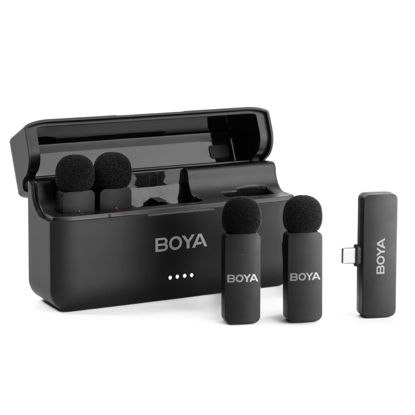 Picture of BOYA BY-V4U Wireless Lavalier Microphone for iPhone 15/16 Series Type C Smartphone with charging case, 4-channel Omnidirectional Noise Canceling Lapel Mics for Video Recording Interview Streaming Vlog
