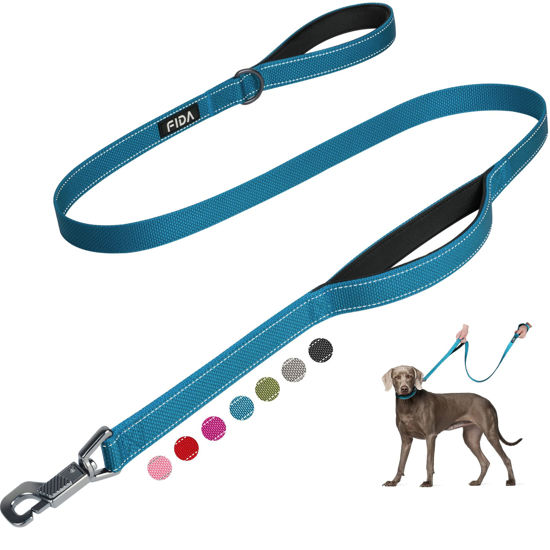 Picture of Fida 4 FT Heavy Duty Dog Leash with 2 Comfortable Padded Handles, Traffic Handle & Advanced Easy Snap Hook, Reflective Walking Lead for Large, Medium & Small Breed Dogs, Blue