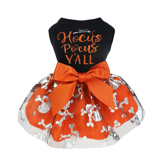 Picture of Fitwarm Hocus Pocus Y'all Funny Dog Halloween Tulle Dress, Holiday Dog Clothes for Small Dogs Girl, Funny Pirate Skull Pet Costume, Witch Cat Outfit, Orange, Black, XS
