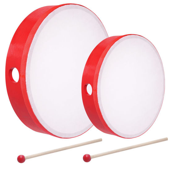 Picture of Nydotd 10 Inch & 8 Inch Hand Drum Percussion Wood Frame Drum with Drum Stick Percussion Instruments Preschool Musical Education Performance Pro Hand Drum with Wooden Drum Beater (Red)