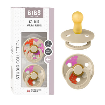Picture of BIBS Pacifiers - Colour Studio 2 Pack | Round Nipple Baby Pacifier | BPA Free Natural Rubber Latex Soother | Made in Denmark | Size 6+ Months | Morning Bloom Vanilla