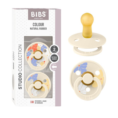 Picture of BIBS Pacifiers - Colour Studio 2 Pack | Round Nipple Baby Pacifier | BPA Free Natural Rubber Latex Soother | Made in Denmark | Size 6+ Months | Morning Bloom Ivory