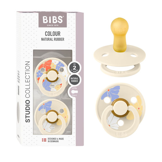 Picture of BIBS Pacifiers - Colour Studio 2 Pack | Round Nipple Baby Pacifier | BPA Free Natural Rubber Latex Soother | Made in Denmark | Size 6+ Months | Morning Bloom Ivory