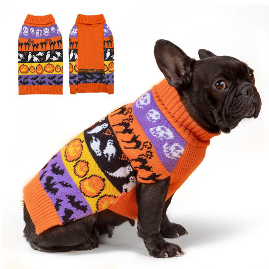 Picture of KYEESE Halloween Dog Sweater for Small Dogs Pumpkin Ghost Dog Knitwear Turtleneck Dog Apparel, S