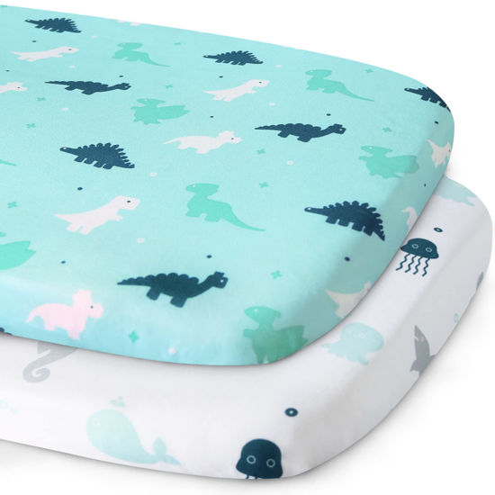 Picture of Bassinet Sheet, Bassinet Sheets 2 Pack, Ultra Soft Bassinet Sheets for Baby Boys or Girls Universal Fit for Rectangle, Oval, Hourglass Bassinet Pad/Mattress, Dinosaurs & Ocean