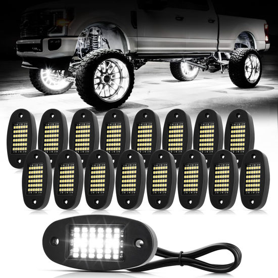 Picture of Hovano 16 Pods White Rock Lights 6000K Pure White 36 LEDs SMD Chips Super Bright Neon Underglow Light IP68 Waterproof for Pickup Trucks SUV UTV ATV RZR Car Boats (White)